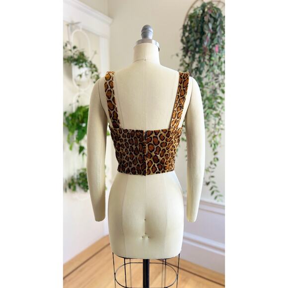 Vintage 1990s Bustier 90s Leopard Animal Print Pin Up Faux Fur Velvet Crop Top - Picture 6 of 9
